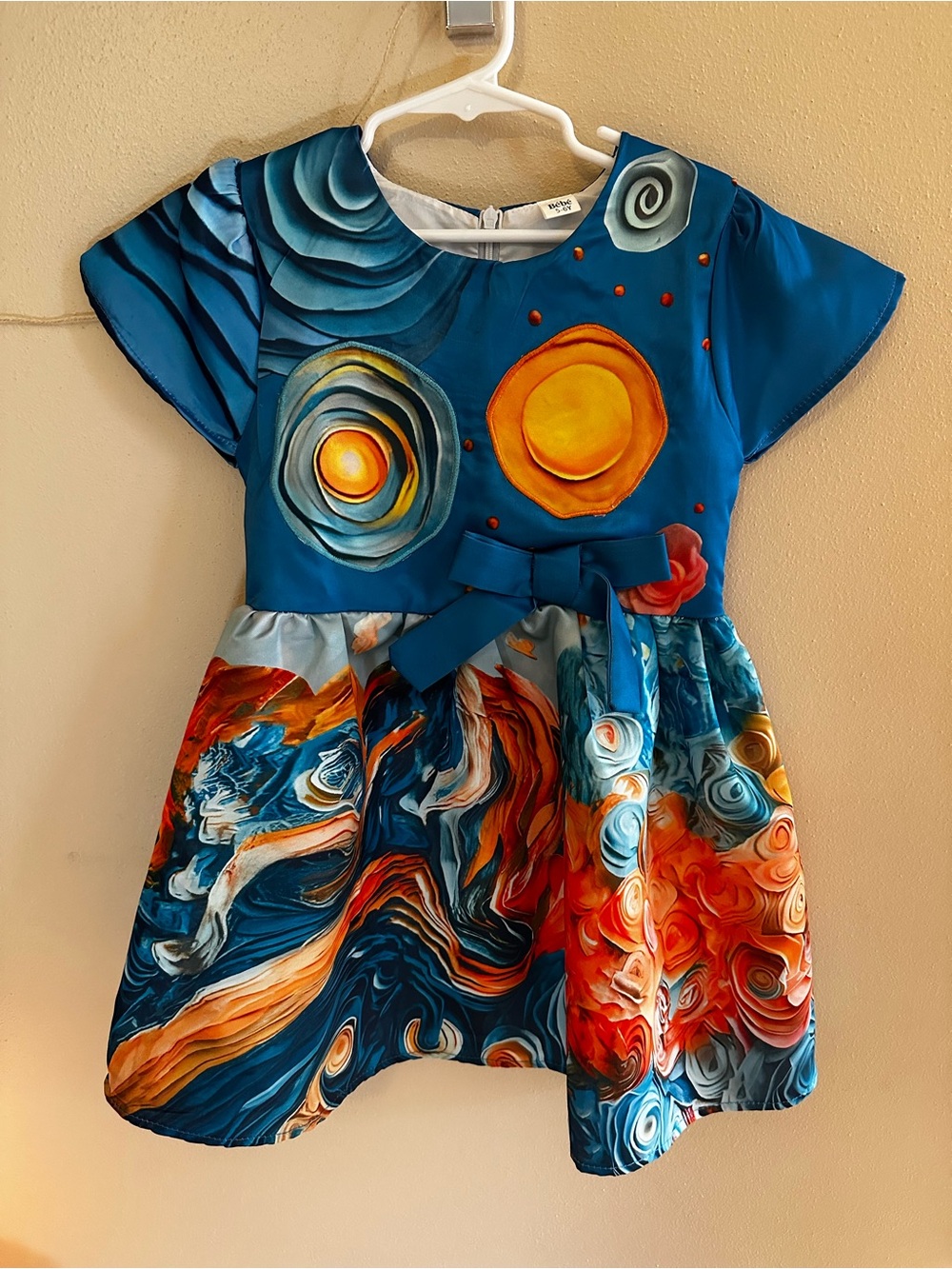 Starry Night inspired Vibrant Swirl Print Girls Dress in Teal & Orange